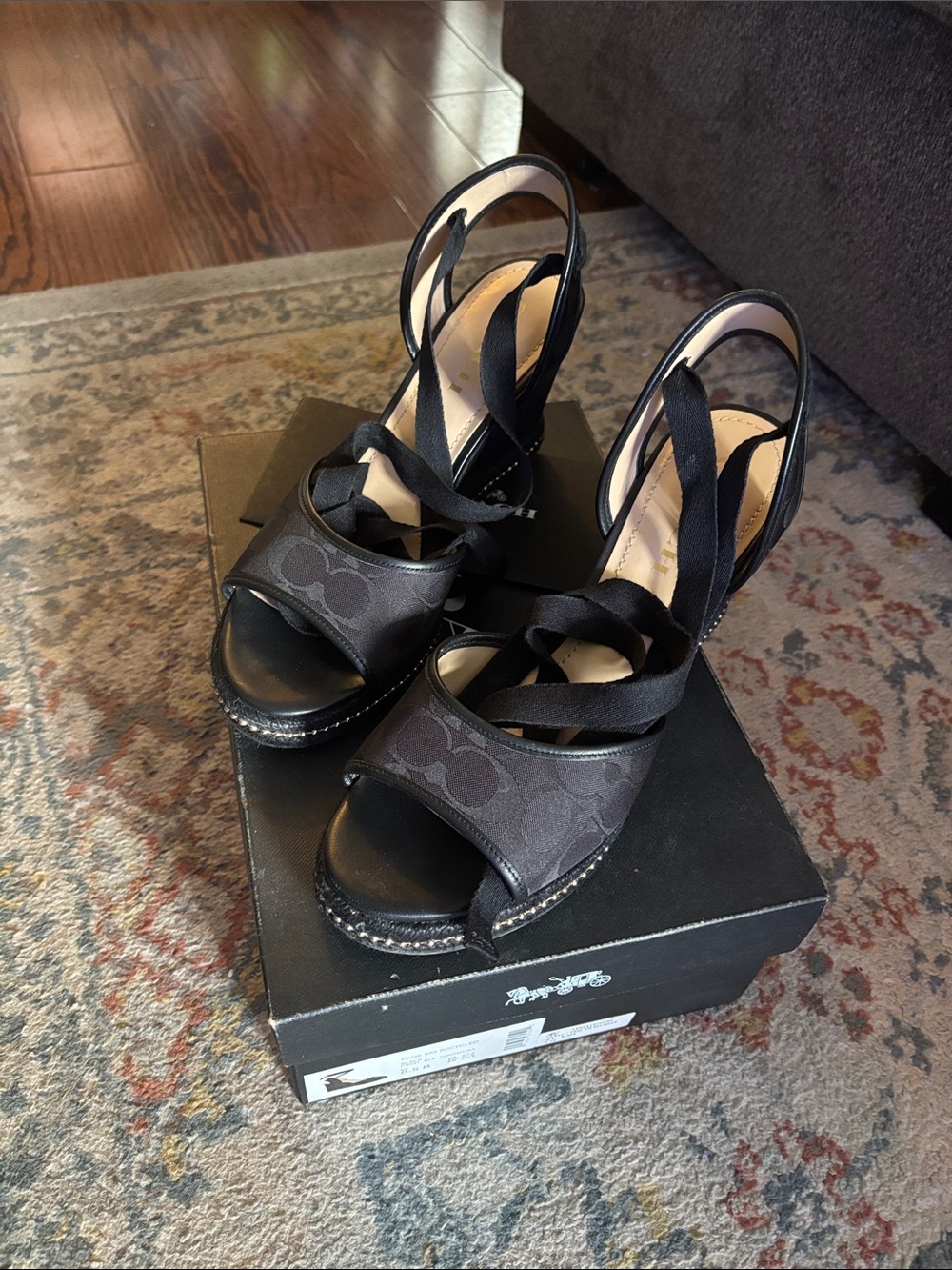 Coach Black Signature Canvas Wedge Sandals with Ankle Wraps